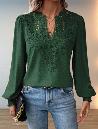 Women's Lace Bodice Blouse | Elegant V-Neck Long Sleeve Top 3