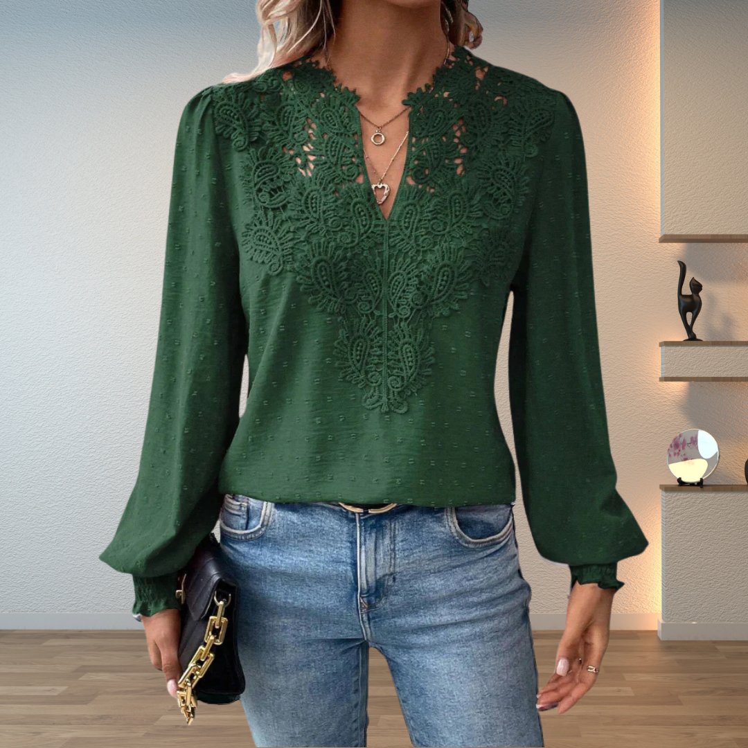 Women's Lace Bodice Blouse | Elegant V-Neck Long Sleeve Top 3