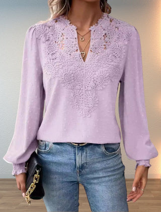 Women's Lace Bodice Blouse | Elegant V-Neck Long Sleeve Top 4