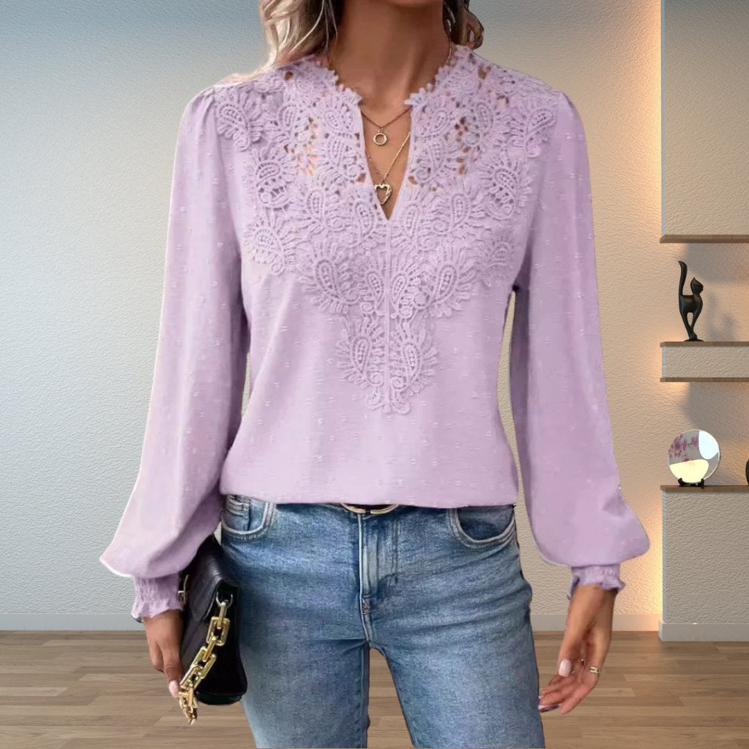 Women's Lace Bodice Blouse | Elegant V-Neck Long Sleeve Top 4