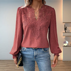 Women's Lace Bodice Blouse | Elegant V-Neck Long Sleeve Top 5