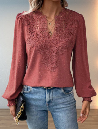 Women's Lace Bodice Blouse | Elegant V-Neck Long Sleeve Top 5