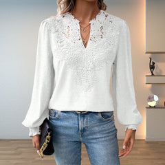 Women's Lace Bodice Blouse | Elegant V-Neck Long Sleeve Top 6