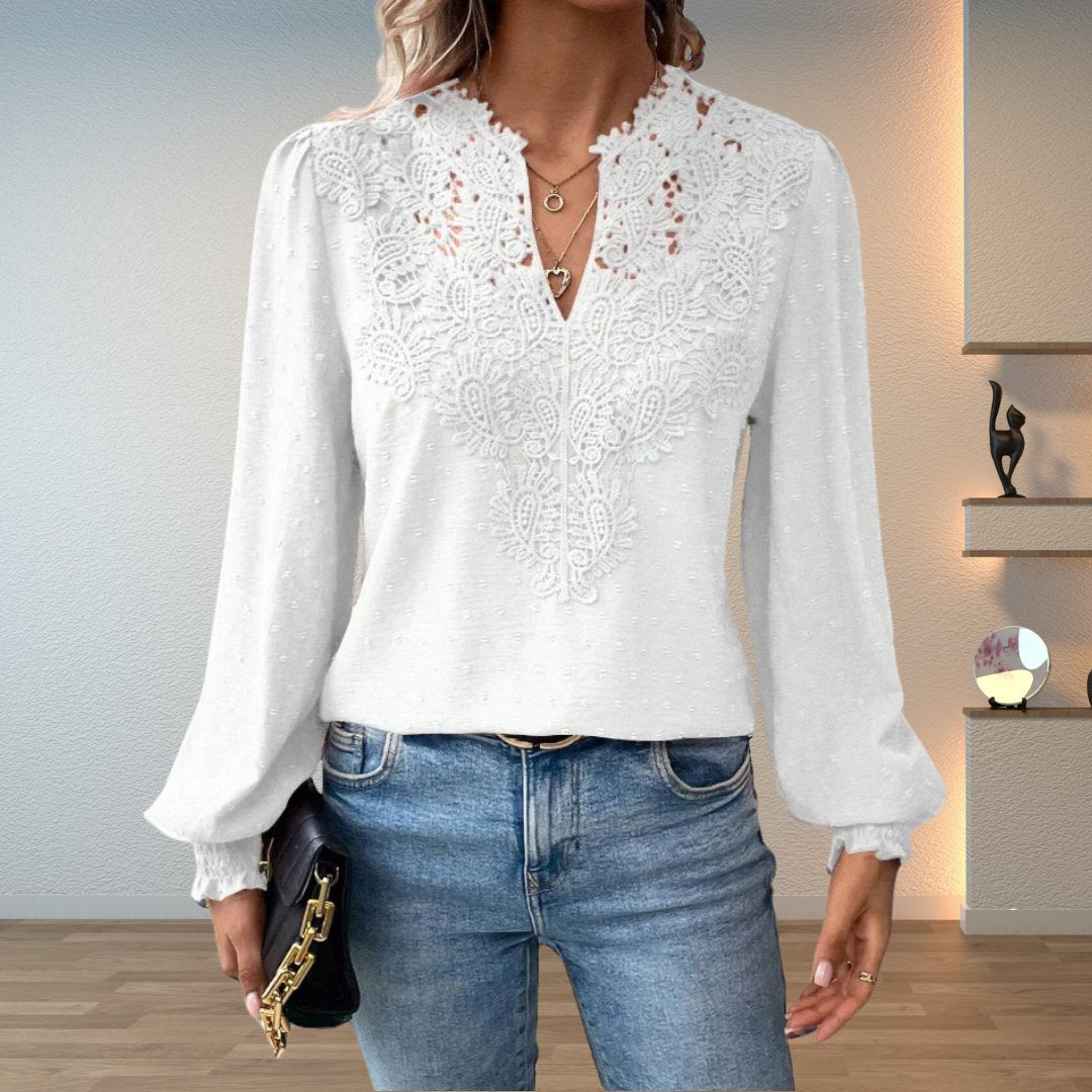 Women's Lace Bodice Blouse | Elegant V-Neck Long Sleeve Top 6