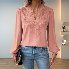 Women's Lace Bodice Blouse | Elegant V-Neck Long Sleeve Top 7