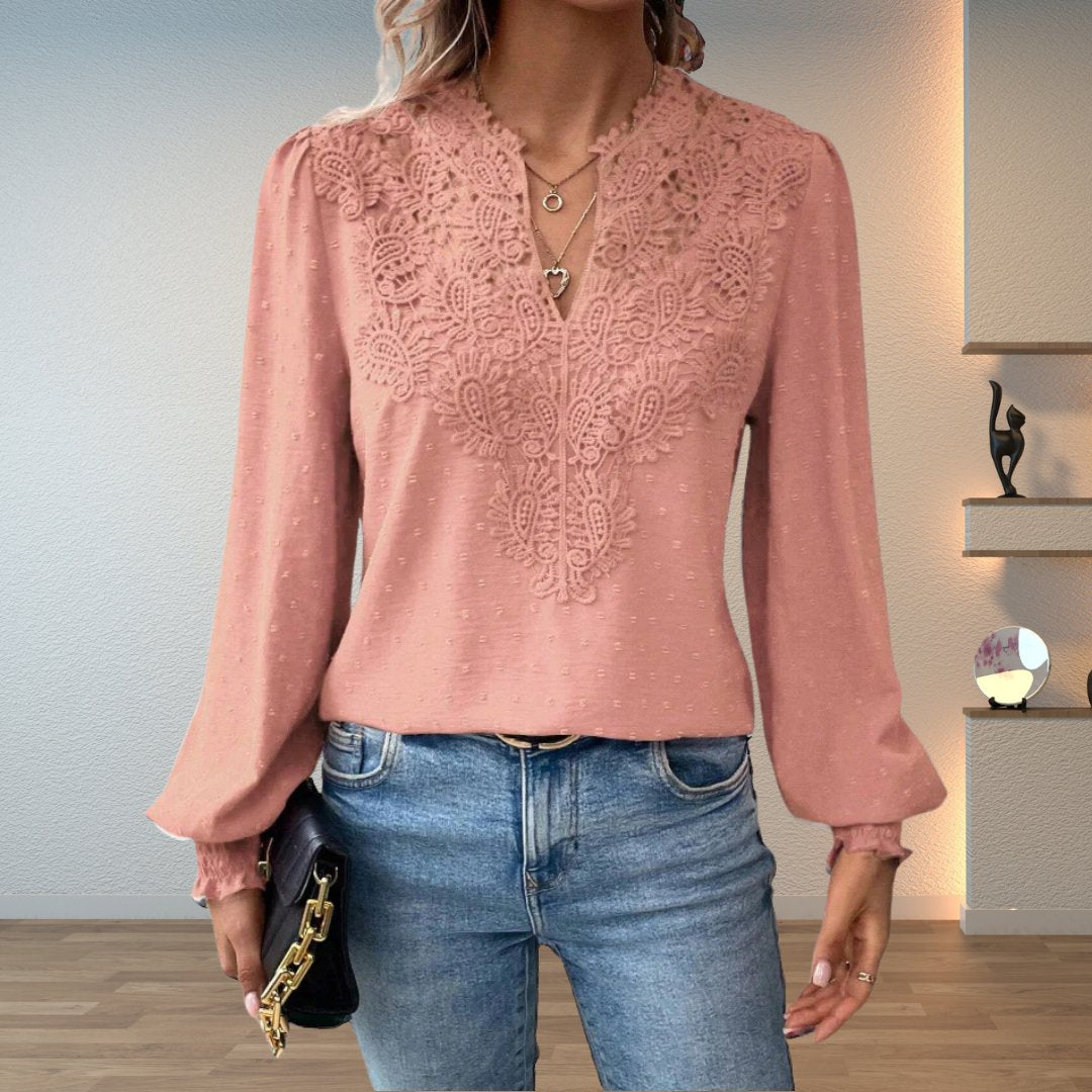 Women's Lace Bodice Blouse | Elegant V-Neck Long Sleeve Top 7