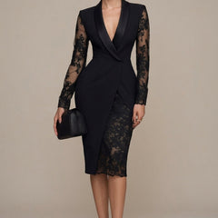 Women's Lace Midi Dress | Elegant Structured Blazer Style with Sheer Sleeves 0