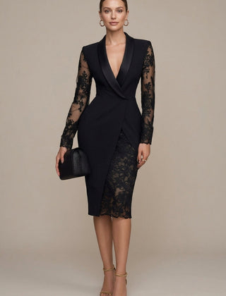 Women's Lace Midi Dress | Elegant Structured Blazer Style with Sheer Sleeves 0