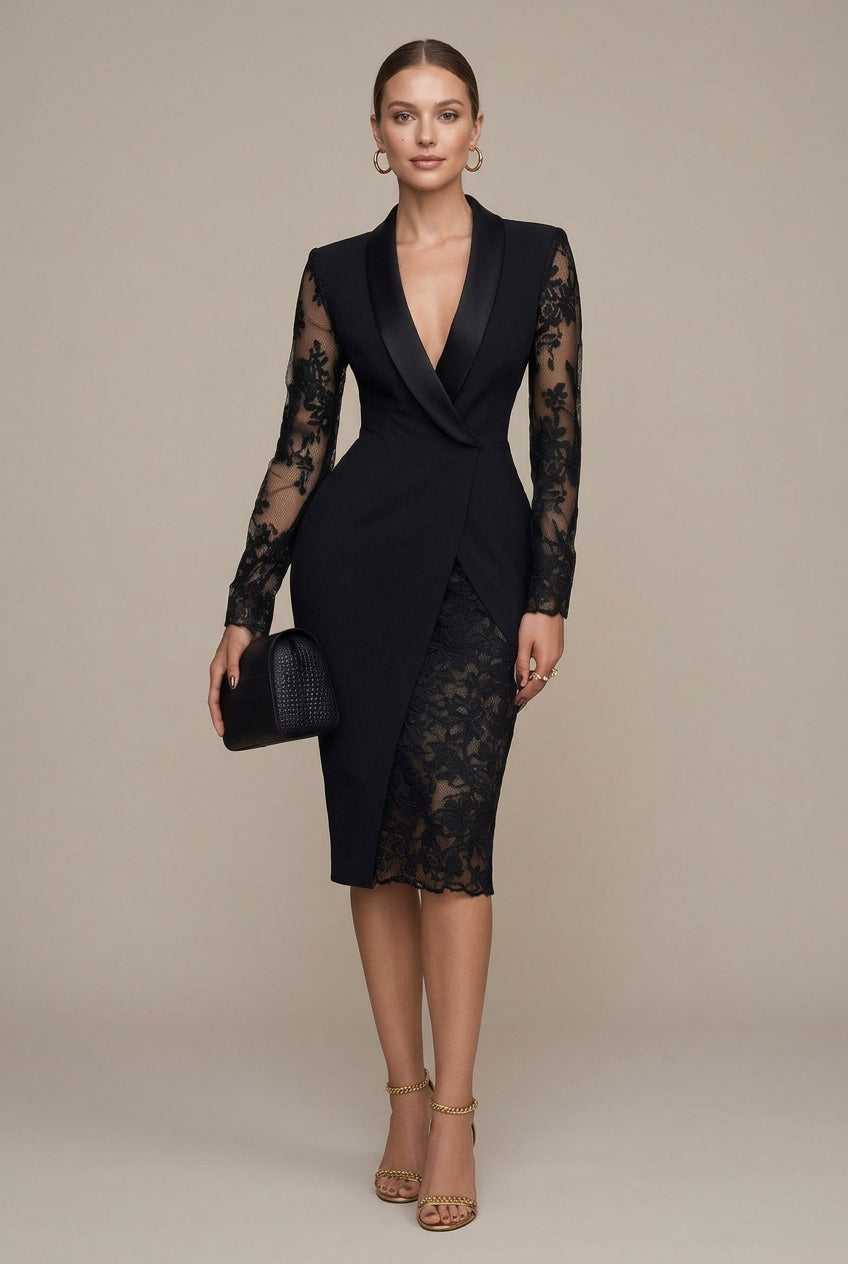 Women's Lace Midi Dress | Elegant Structured Blazer Style with Sheer Sleeves 0