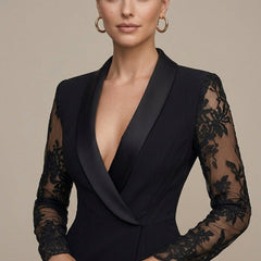 Women's Lace Midi Dress | Elegant Structured Blazer Style with Sheer Sleeves 1