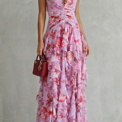 Women's Lightweight Chiffon Maxi Dress | Romantic Floral Halter Gown for Summer Events 0