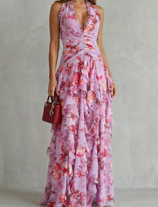 Women's Lightweight Chiffon Maxi Dress | Romantic Floral Halter Gown for Summer Events 0