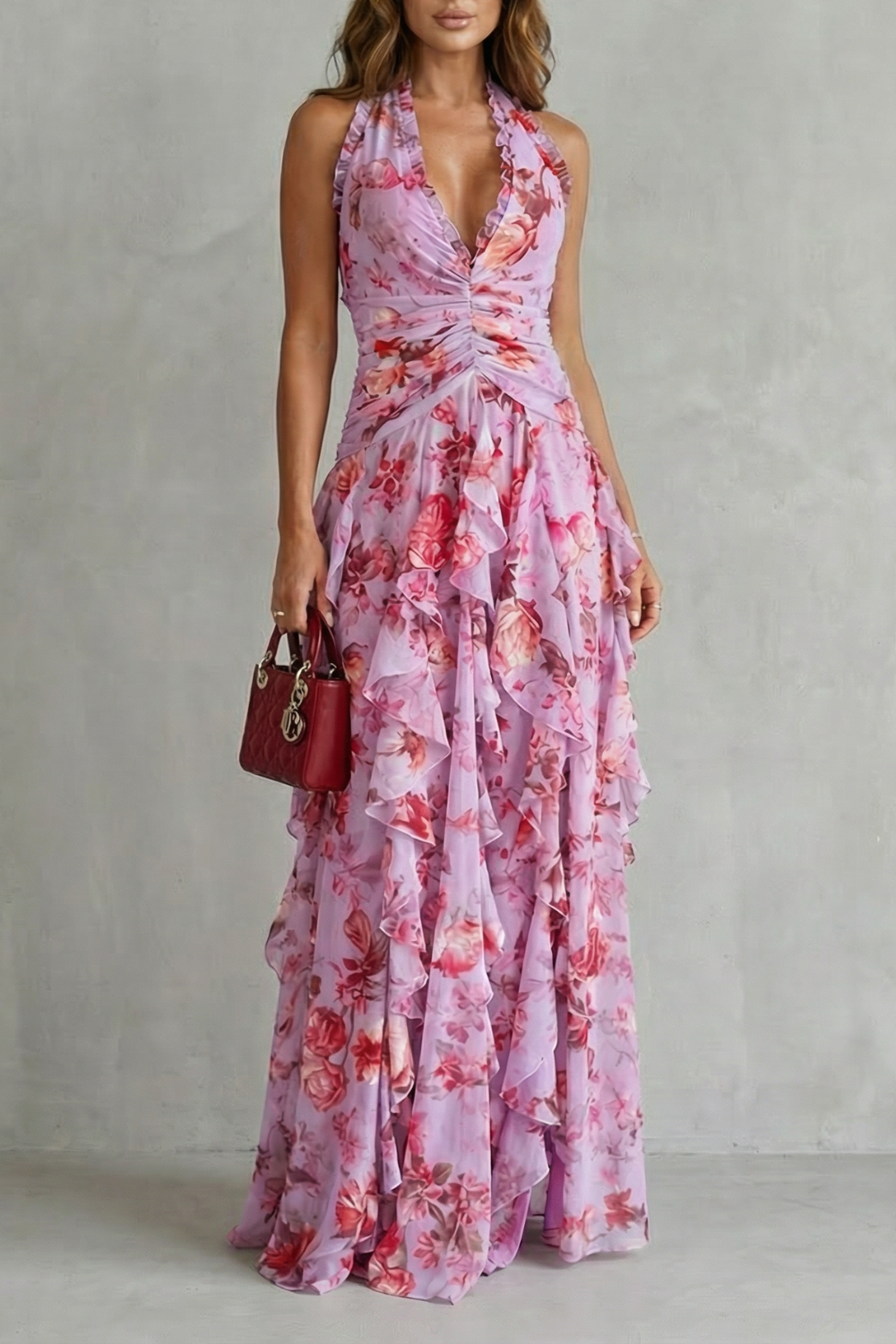 Women's Lightweight Chiffon Maxi Dress | Romantic Floral Halter Gown for Summer Events 0