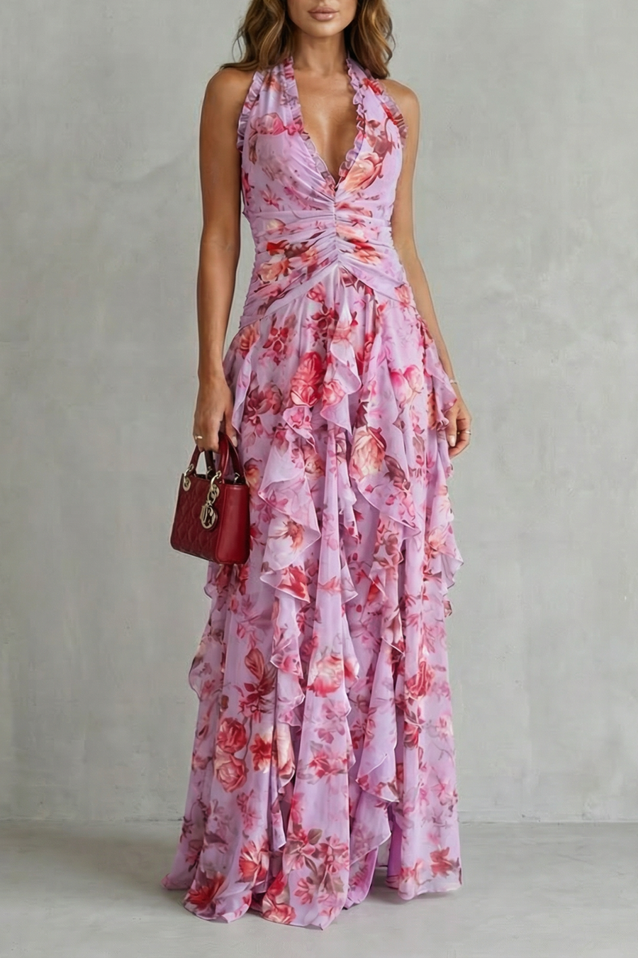 Women's Lightweight Chiffon Maxi Dress | Romantic Floral Halter Gown for Summer Events 0