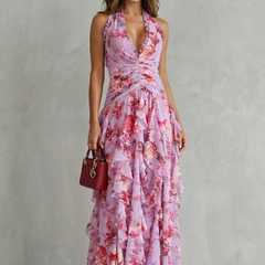Women's Lightweight Chiffon Maxi Dress | Romantic Floral Halter Gown for Summer Events 1