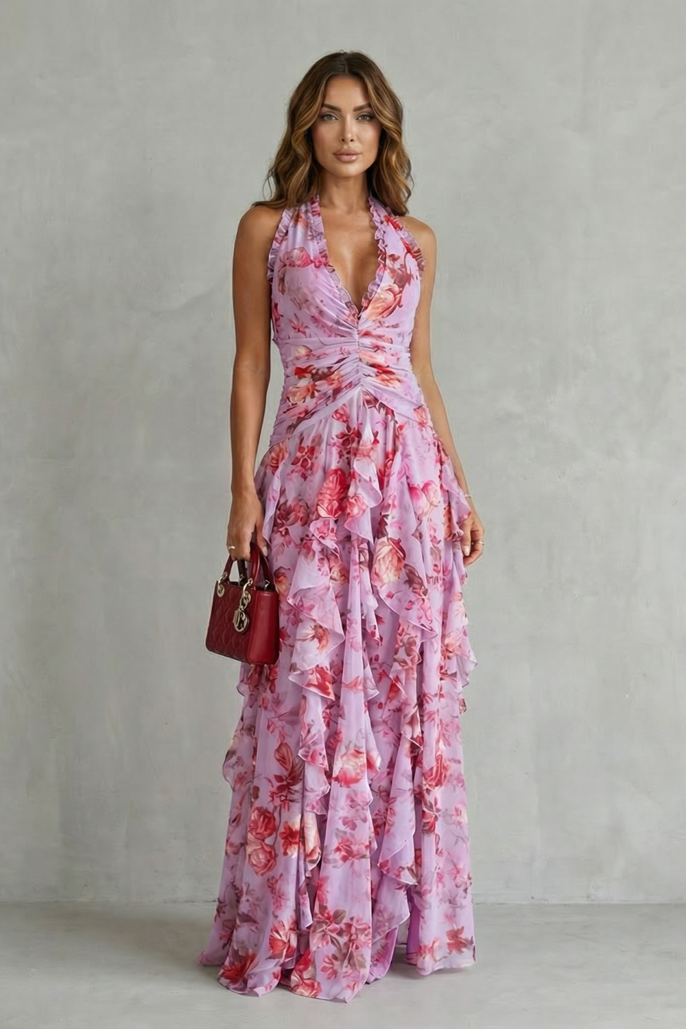 Women's Lightweight Chiffon Maxi Dress | Romantic Floral Halter Gown for Summer Events 1