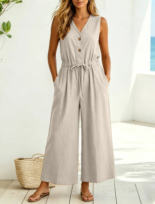 Women's Lightweight Cotton Jumpsuit | Elegant Front Tie Wide Leg Outfit 0