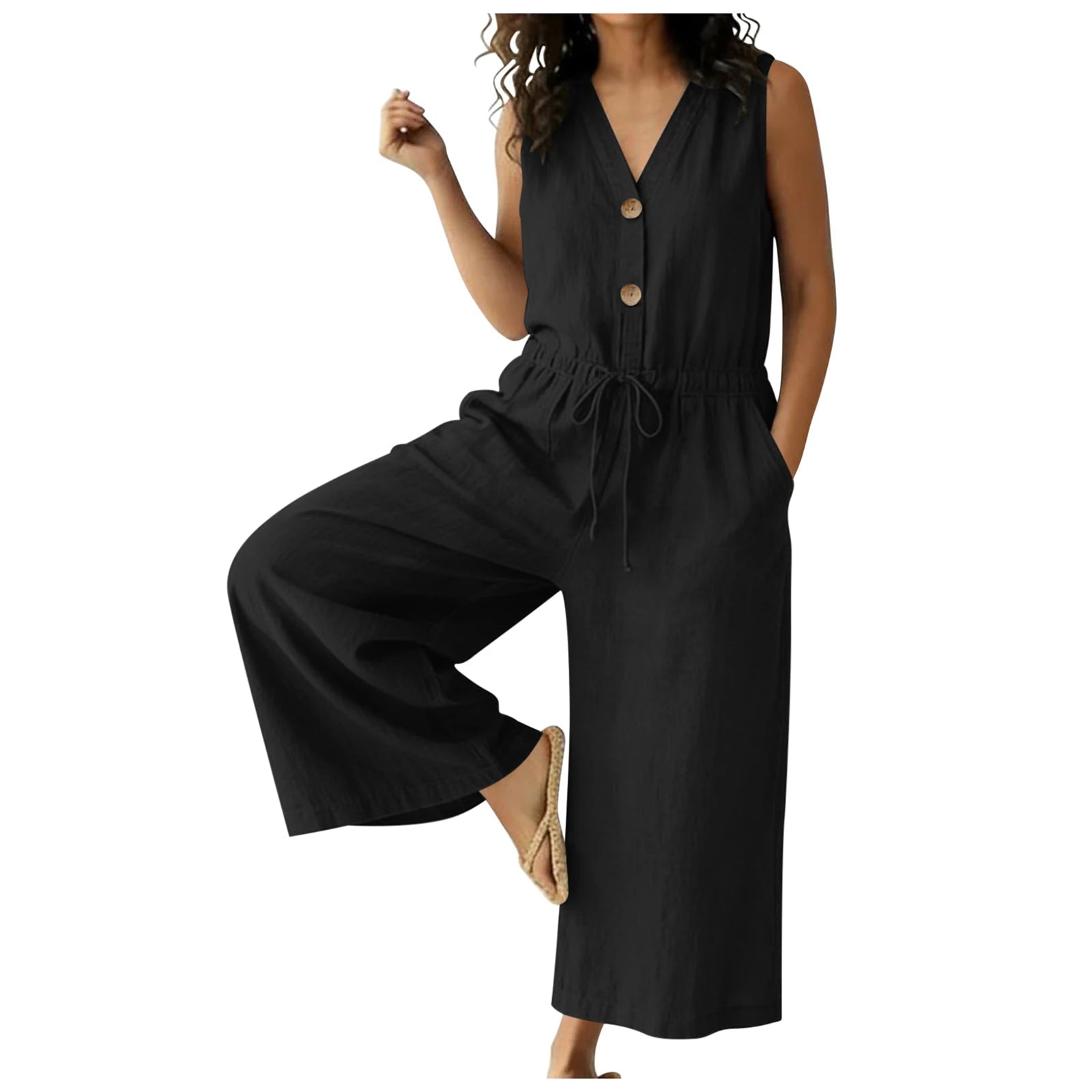 Women's Lightweight Cotton Jumpsuit | Elegant Front Tie Wide Leg Outfit 3
