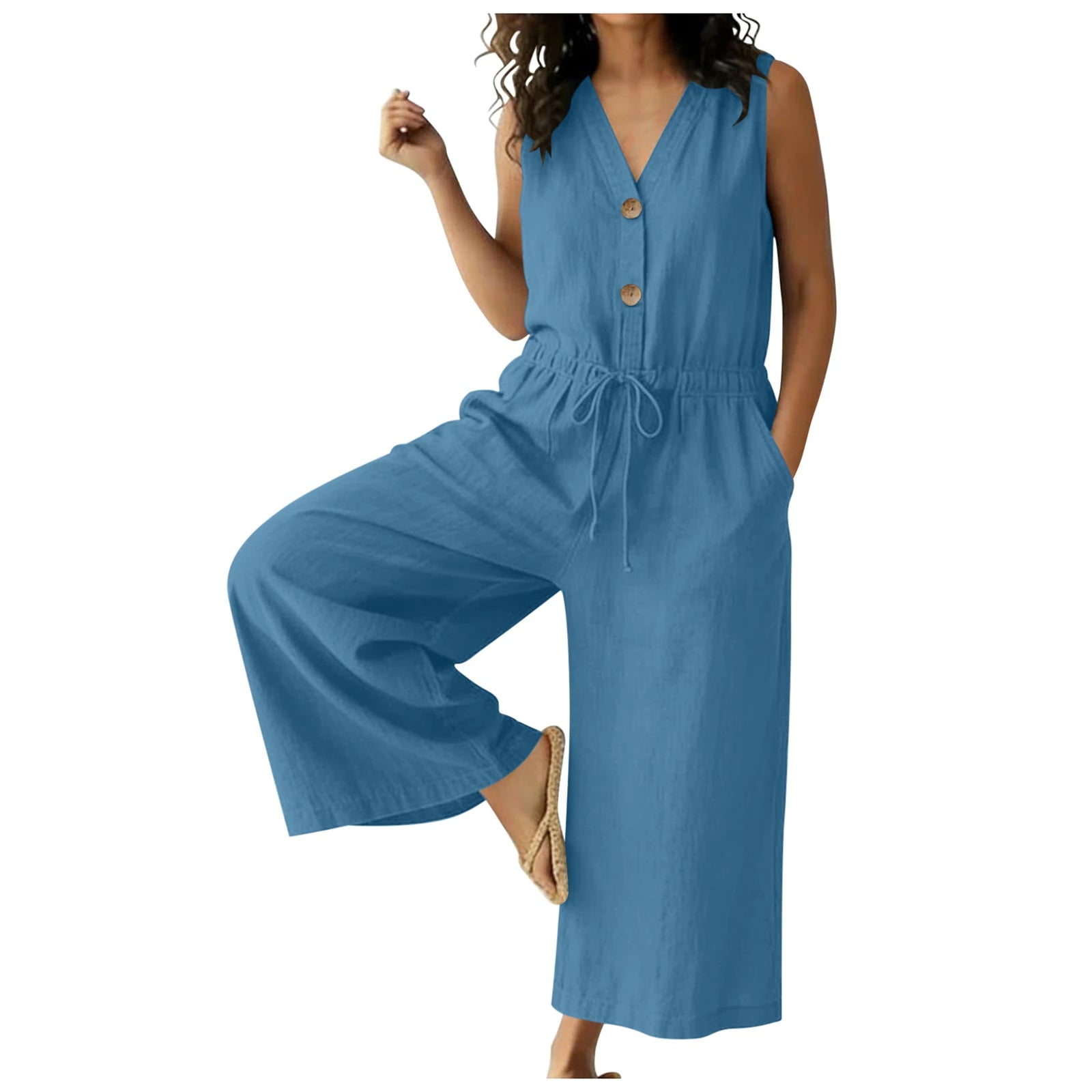 Women's Lightweight Cotton Jumpsuit | Elegant Front Tie Wide Leg Outfit 4