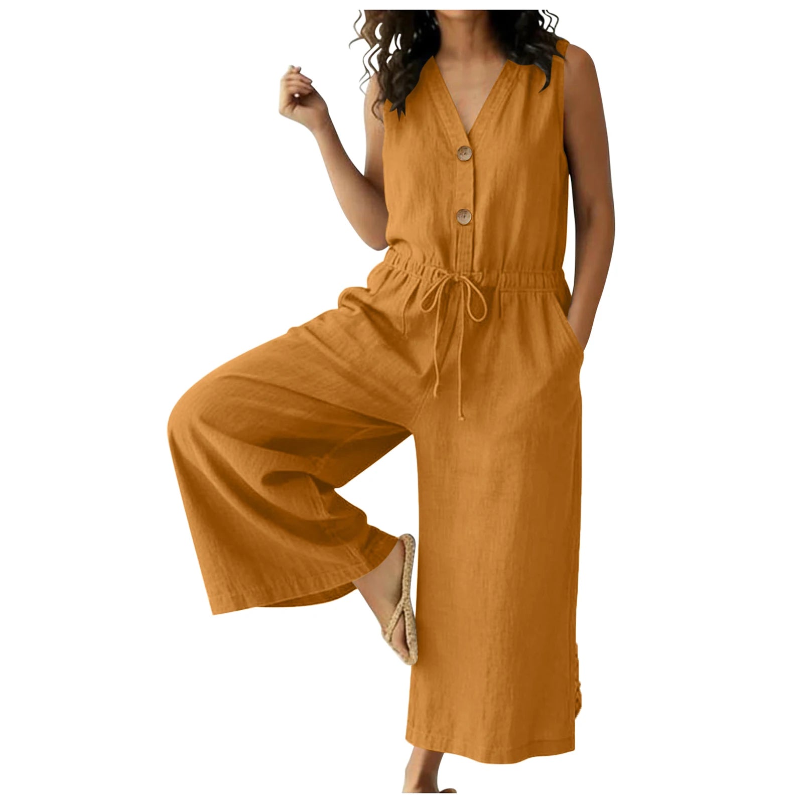Women's Lightweight Cotton Jumpsuit | Elegant Front Tie Wide Leg Outfit 7