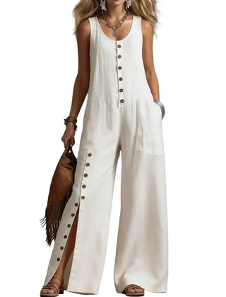 Women's Lightweight Cotton Jumpsuit | Elegant V-Neck Relaxed Wide Leg Design 0