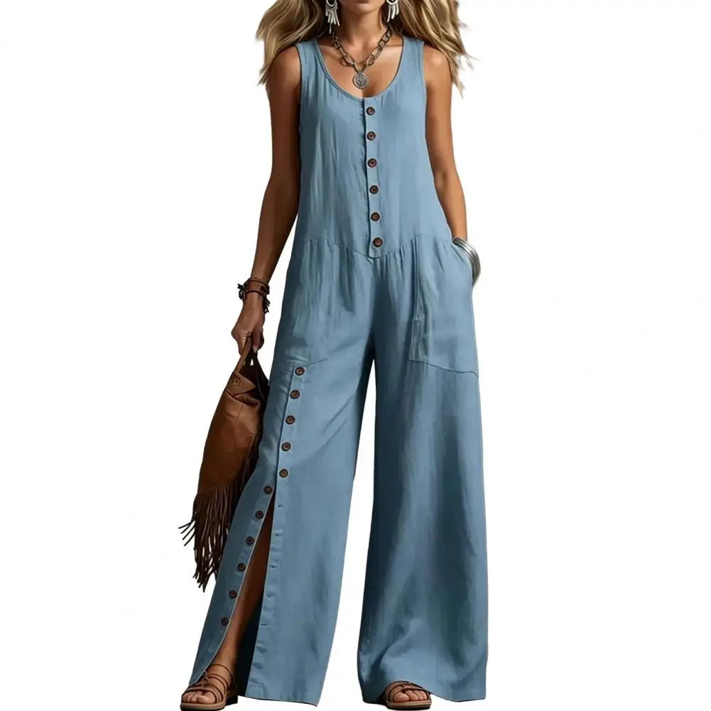 Women's Lightweight Cotton Jumpsuit | Elegant V-Neck Relaxed Wide Leg Design 1