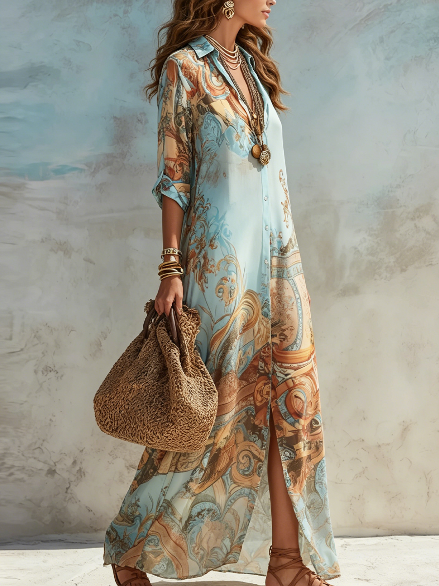 Women's Lightweight Cotton Maxi Dress | Elegant Floral Summer Chemisier 1