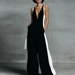 Women's Lightweight Fabric Wide-Leg Jumpsuit | Elegant Deep V Neckline Comfortable Summer Outfit 0