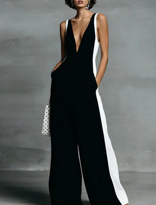 Women's Lightweight Fabric Wide-Leg Jumpsuit | Elegant Deep V Neckline Comfortable Summer Outfit 0