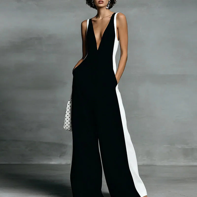 Women's Lightweight Fabric Wide-Leg Jumpsuit | Elegant Deep V Neckline Comfortable Summer Outfit 0