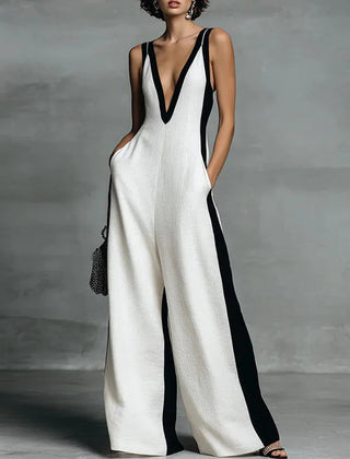 Women's Lightweight Fabric Wide-Leg Jumpsuit | Elegant Deep V Neckline Comfortable Summer Outfit 1