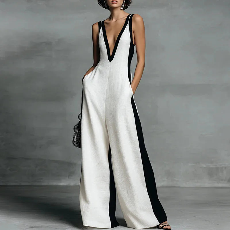 Women's Lightweight Fabric Wide-Leg Jumpsuit | Elegant Deep V Neckline Comfortable Summer Outfit 1