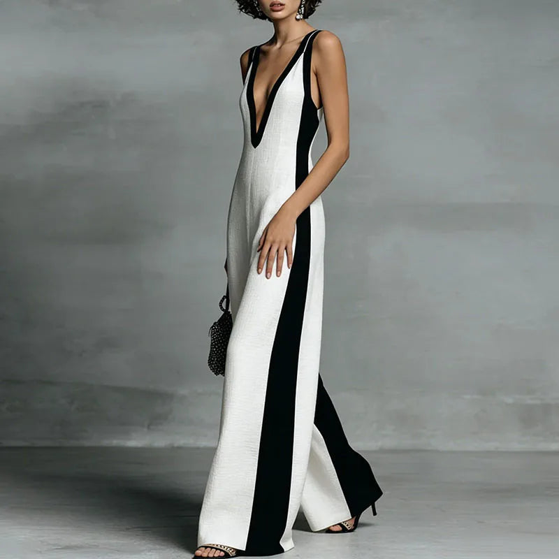 Women's Lightweight Fabric Wide-Leg Jumpsuit | Elegant Deep V Neckline Comfortable Summer Outfit 3