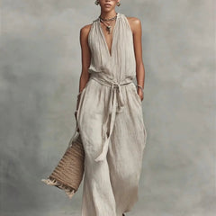 Women's Lightweight Fabric Wide Leg Jumpsuit | Elegant Halter Summer Romper 0