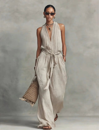 Women's Lightweight Fabric Wide Leg Jumpsuit | Elegant Halter Summer Romper 0