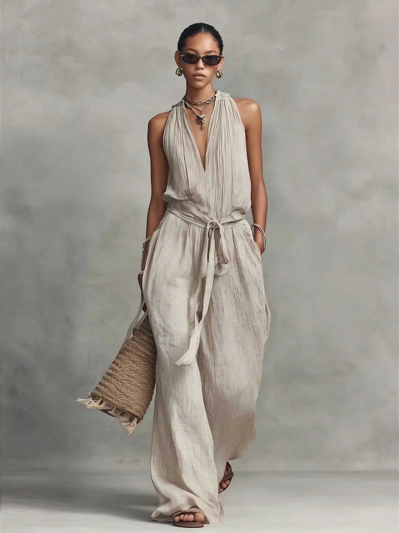 Women's Lightweight Fabric Wide Leg Jumpsuit | Elegant Halter Summer Romper 0