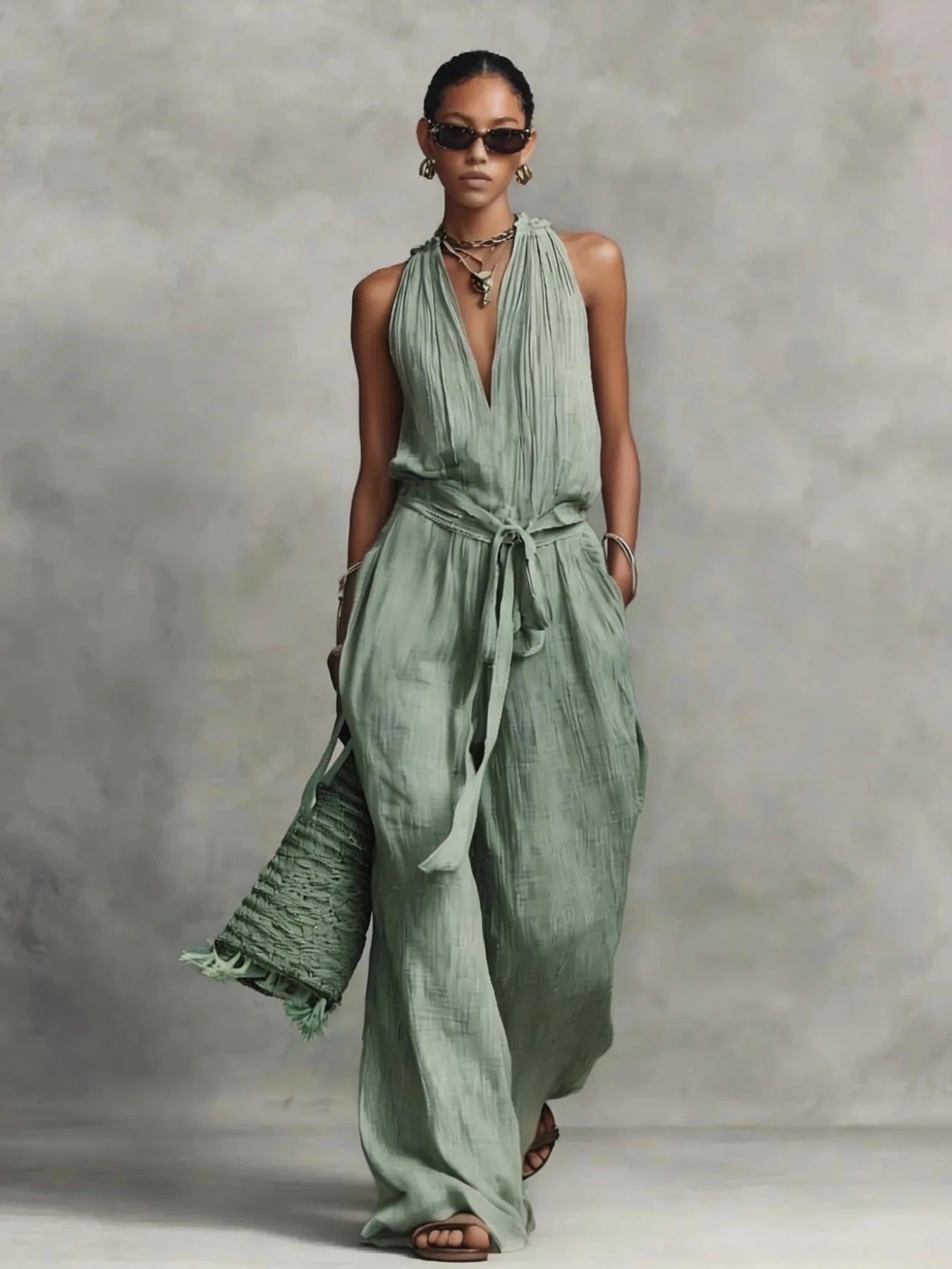 Women's Lightweight Fabric Wide Leg Jumpsuit | Elegant Halter Summer Romper 1