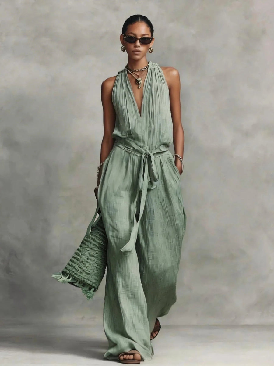 Women's Lightweight Fabric Wide Leg Jumpsuit | Elegant Halter Summer Romper 1