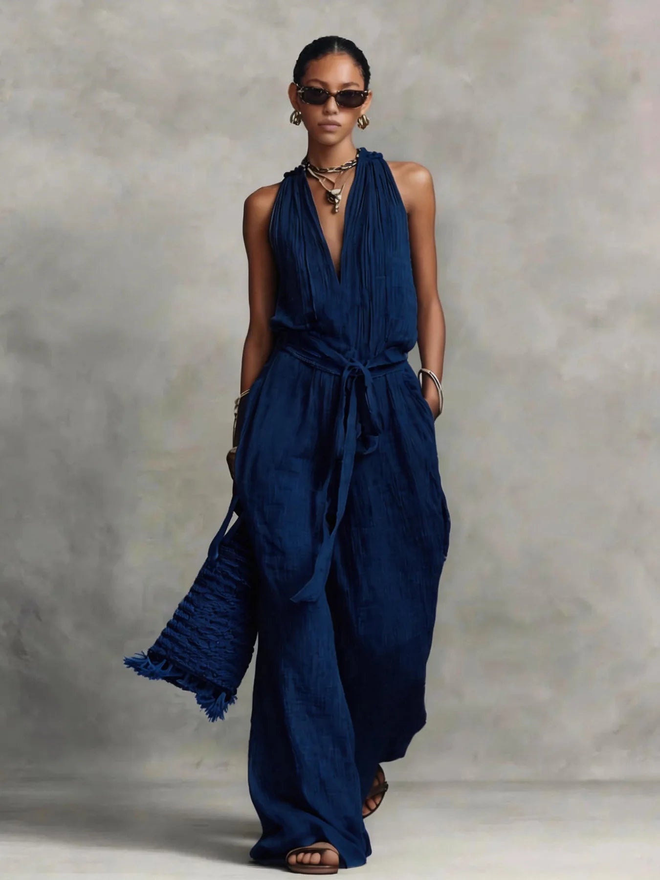 Women's Lightweight Fabric Wide Leg Jumpsuit | Elegant Halter Summer Romper 2