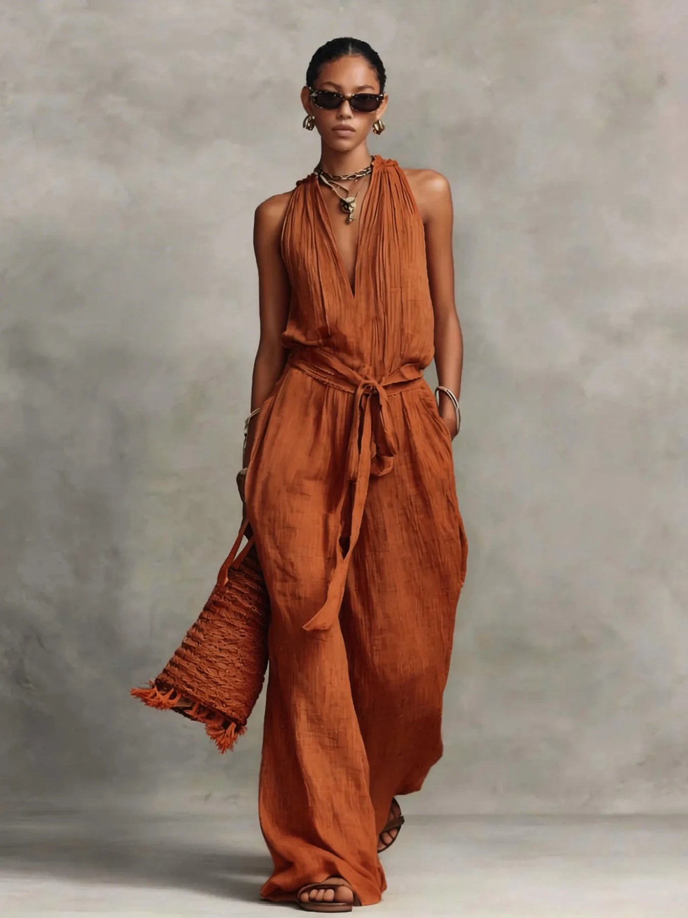 Women's Lightweight Fabric Wide Leg Jumpsuit | Elegant Halter Summer Romper 3
