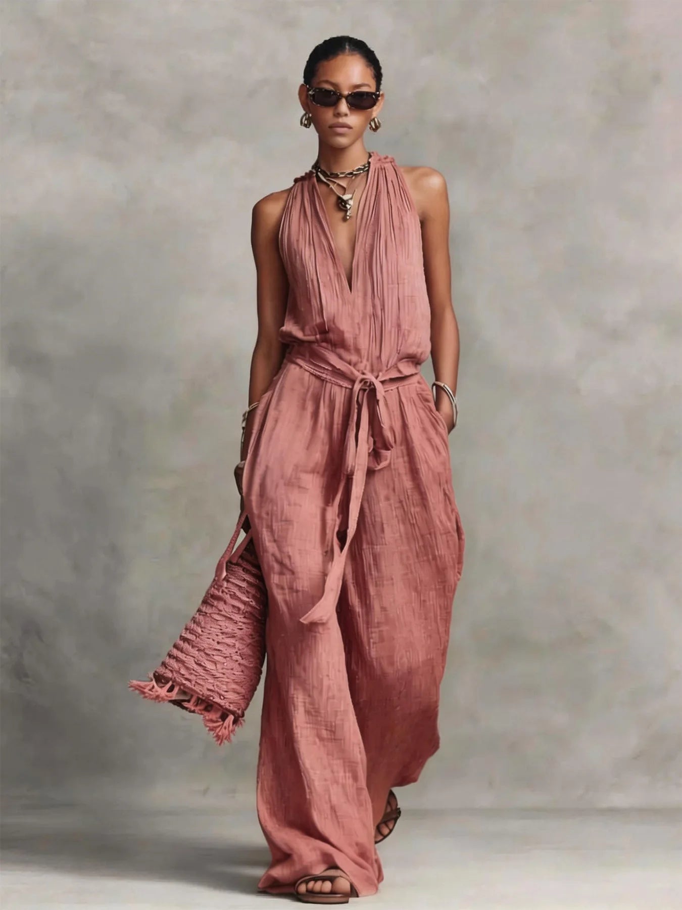 Women's Lightweight Fabric Wide Leg Jumpsuit | Elegant Halter Summer Romper 4