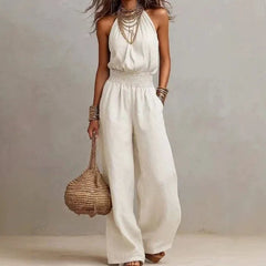 Women's Lightweight Fabric Wide Leg Jumpsuit | Elegant Relaxed Halter Neck Design 0