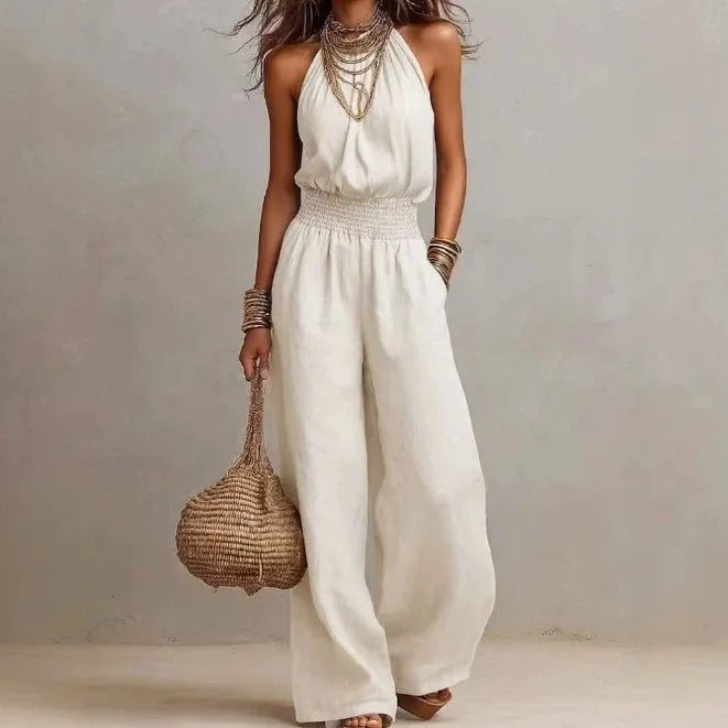 Women's Lightweight Fabric Wide Leg Jumpsuit | Elegant Relaxed Halter Neck Design 0