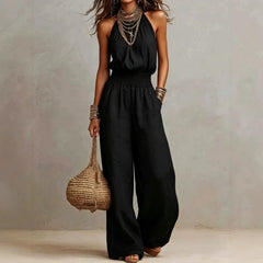 Women's Lightweight Fabric Wide Leg Jumpsuit | Elegant Relaxed Halter Neck Design 1