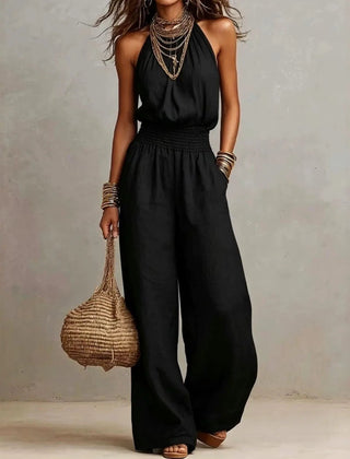 Women's Lightweight Fabric Wide Leg Jumpsuit | Elegant Relaxed Halter Neck Design 1