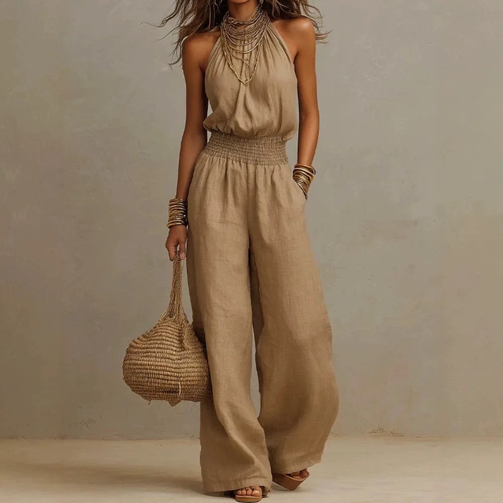 Women's Lightweight Fabric Wide Leg Jumpsuit | Elegant Relaxed Halter Neck Design 2