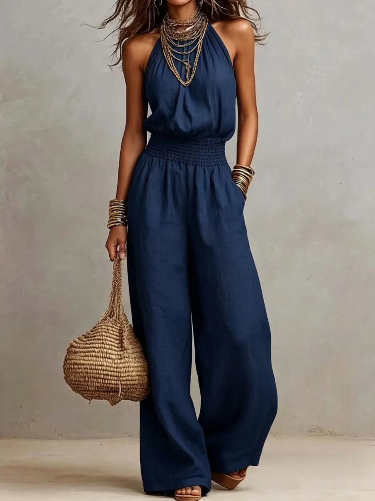 Women's Lightweight Fabric Wide Leg Jumpsuit | Elegant Relaxed Halter Neck Design 4
