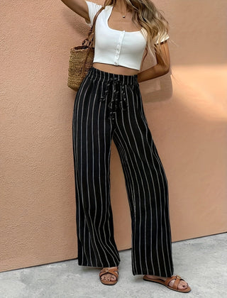 Women's Lightweight Linen-Style Wide Leg Pants | Elegant Striped Summer Trousers 2