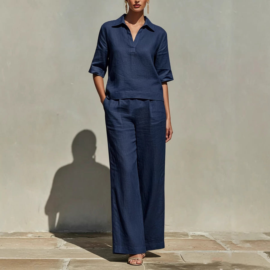 Women's Lightweight Linen Blend Outfit | Relaxed Top and Wide-Leg Trousers Set for Summer Elegance 0