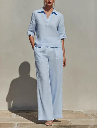 Women's Lightweight Linen Blend Outfit | Relaxed Top and Wide-Leg Trousers Set for Summer Elegance 1